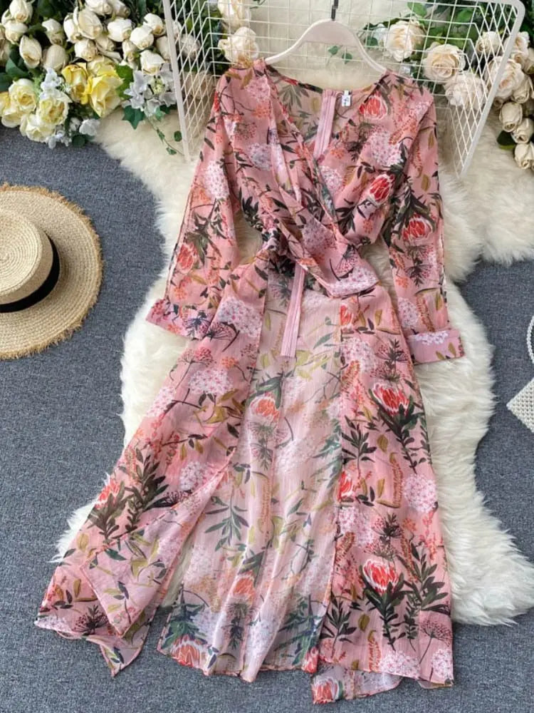 Women Casual Two Piece Set Long Sleeve V Neck Asymmetrical Chiffon Shirt - Blade & Thread
