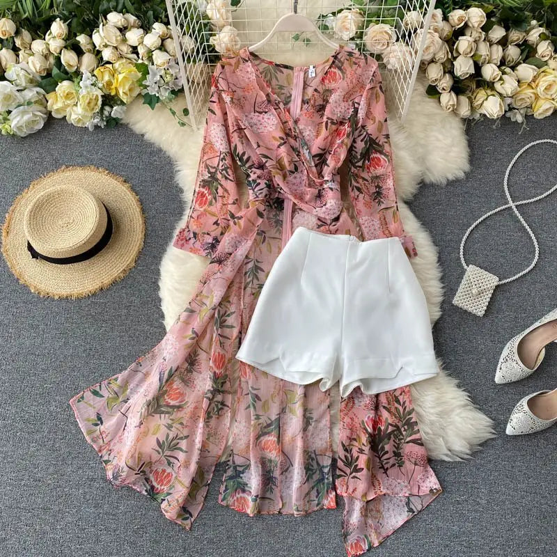 Women Casual Two Piece Set Long Sleeve V Neck Asymmetrical Chiffon Shirt nowadaysfashion