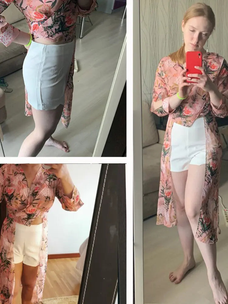 Women Casual Two Piece Set Long Sleeve V Neck Asymmetrical Chiffon Shirt - Blade & Thread