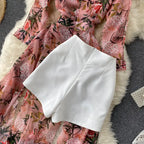Women Casual Two Piece Set Long Sleeve V Neck Asymmetrical Chiffon Shirt nowadaysfashion