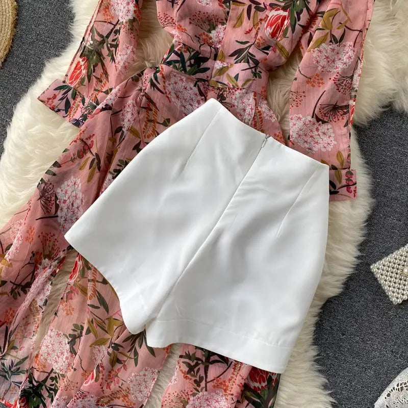 Women Casual Two Piece Set Long Sleeve V Neck Asymmetrical Chiffon Shirt - Blade & Thread