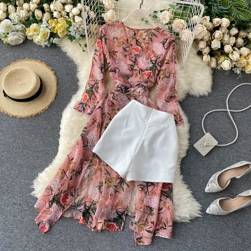 Women Casual Two Piece Set Long Sleeve V Neck Asymmetrical Chiffon Shirt - Blade & Thread