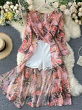 Women Casual Two Piece Set Long Sleeve V Neck Asymmetrical Chiffon Shirt nowadaysfashion