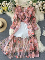 Women Casual Two Piece Set Long Sleeve V Neck Asymmetrical Chiffon Shirt nowadaysfashion