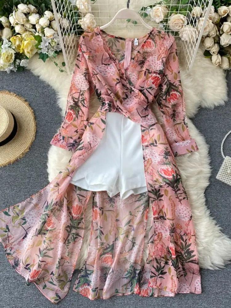 Women Casual Two Piece Set Long Sleeve V Neck Asymmetrical Chiffon Shirt - Blade & Thread