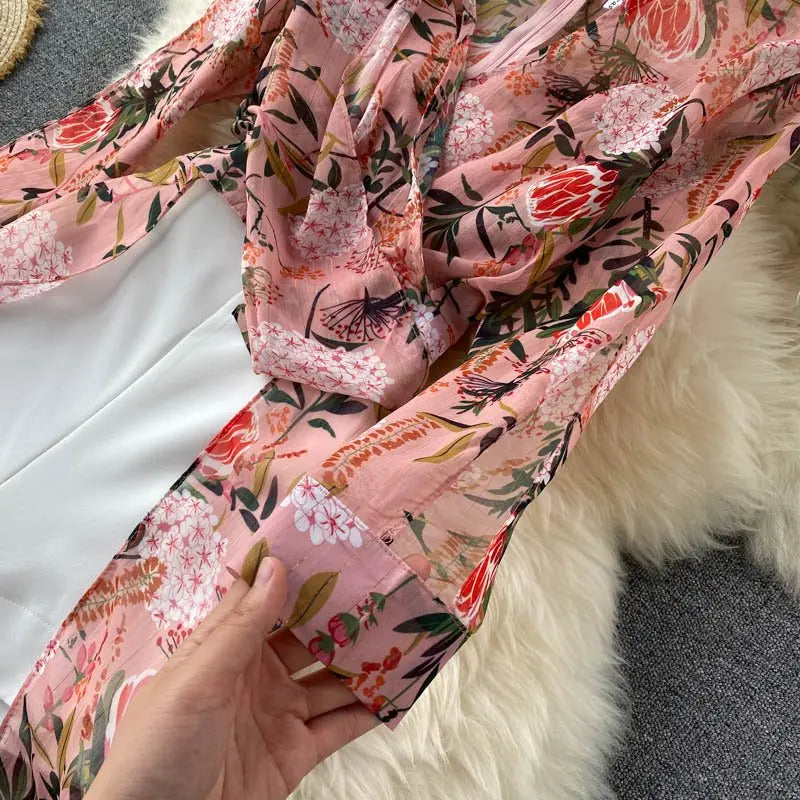 Women Casual Two Piece Set Long Sleeve V Neck Asymmetrical Chiffon Shirt - Blade & Thread