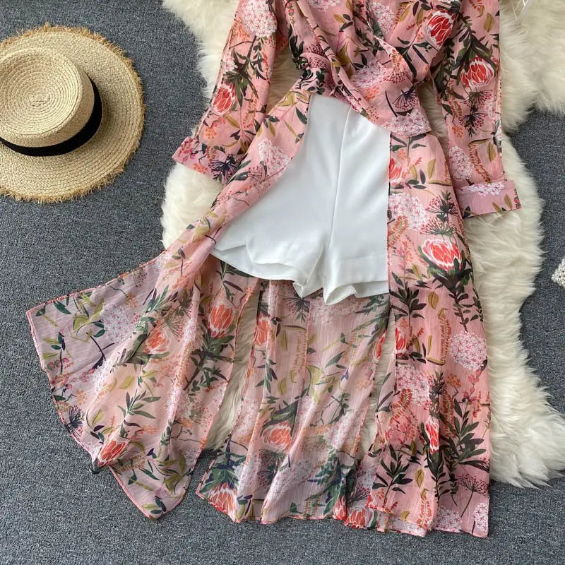 Women Casual Two Piece Set Long Sleeve V Neck Asymmetrical Chiffon Shirt - Blade & Thread