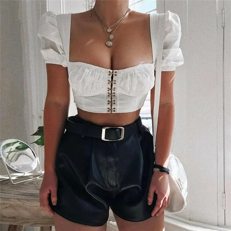 Women clothes Ladies Button Square Neck Tops Short Sleeve square collar pullover T-shirts - Blade & Thread