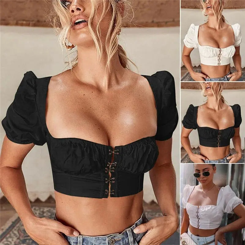 Women clothes Ladies Button Square Neck Tops Short Sleeve square collar pullover T-shirts nowadaysfashion
