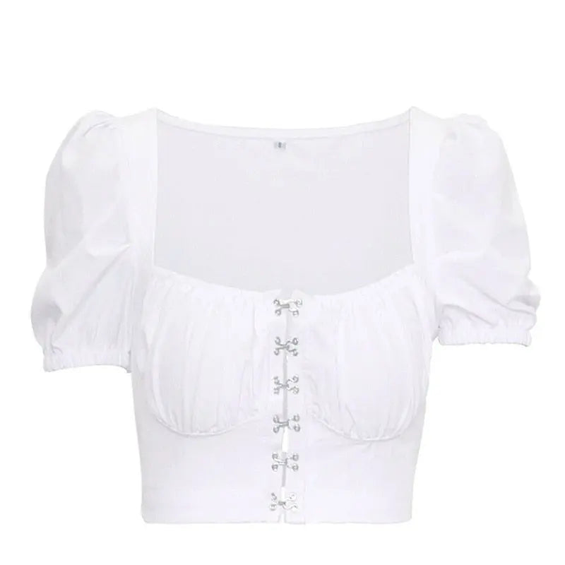 Women clothes Ladies Button Square Neck Tops Short Sleeve square collar pullover T-shirts nowadaysfashion