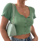 Women clothes Ladies Button Square Neck Tops Short Sleeve square collar pullover T-shirts nowadaysfashion