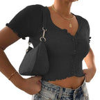 Women clothes Ladies Button Square Neck Tops Short Sleeve square collar pullover T-shirts nowadaysfashion