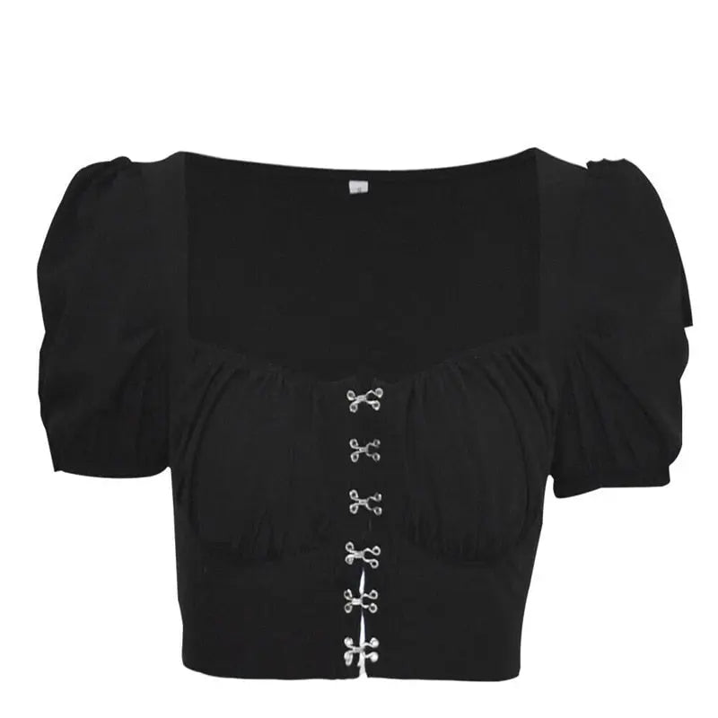 Women clothes Ladies Button Square Neck Tops Short Sleeve square collar pullover T-shirts - Blade & Thread