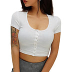 Women clothes Ladies Button Square Neck Tops Short Sleeve square collar pullover T-shirts nowadaysfashion