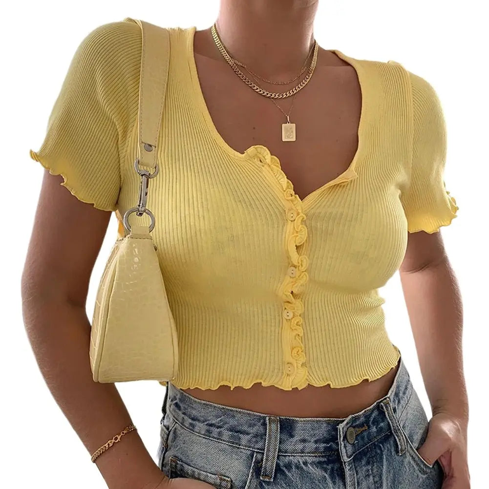 Women clothes Ladies Button Square Neck Tops Short Sleeve square collar pullover T-shirts nowadaysfashion