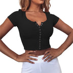 Women clothes Ladies Button Square Neck Tops Short Sleeve square collar pullover T-shirts nowadaysfashion