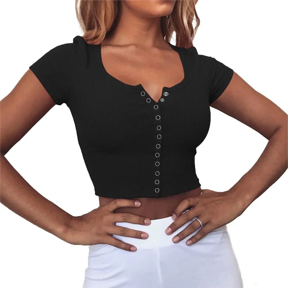 Women clothes Ladies Button Square Neck Tops Short Sleeve square collar pullover T-shirts nowadaysfashion