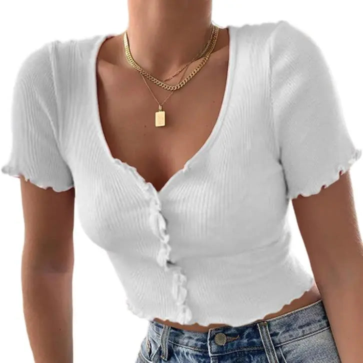 Women clothes Ladies Button Square Neck Tops Short Sleeve square collar pullover T-shirts - Blade & Thread