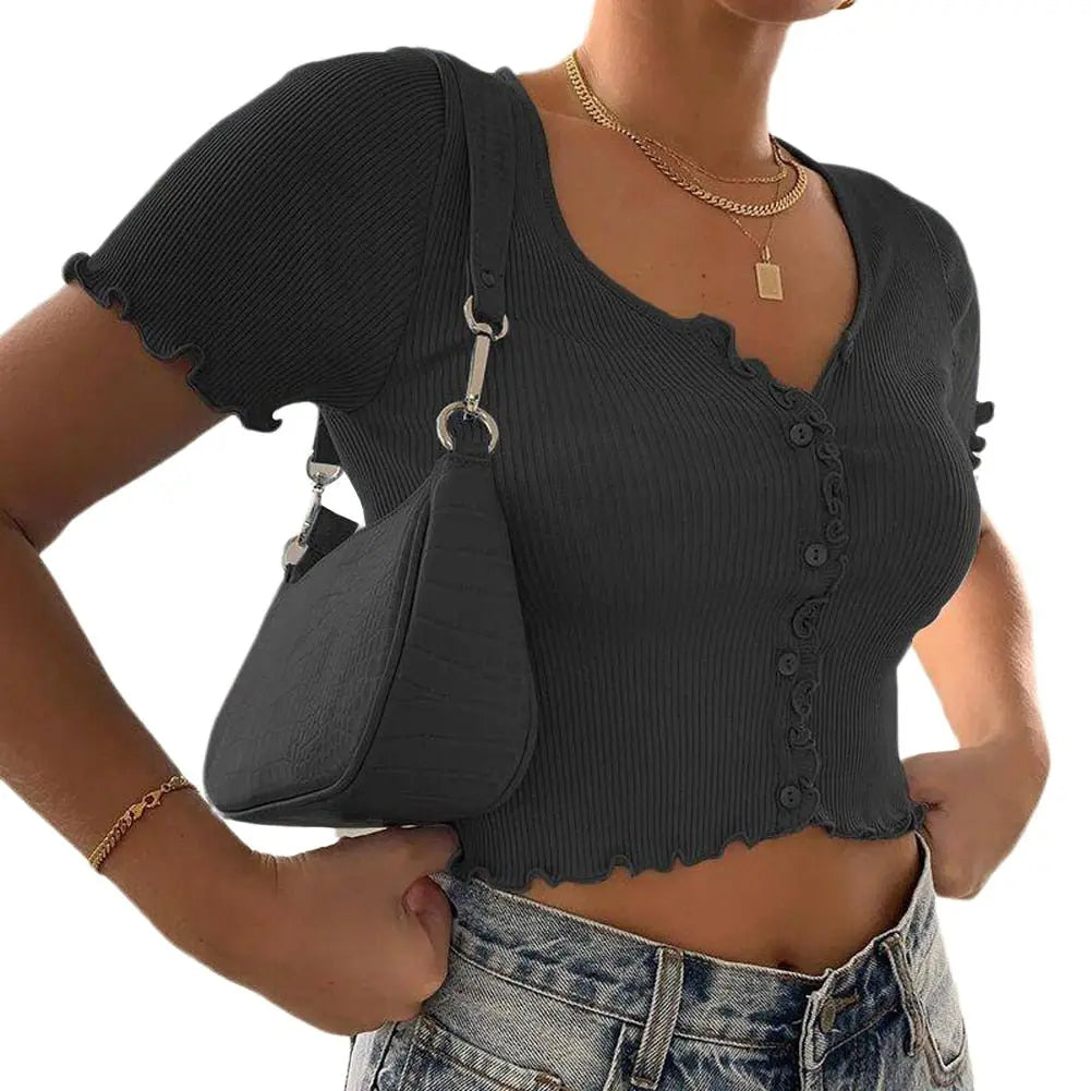 Women clothes Ladies Button Square Neck Tops Short Sleeve square collar pullover T-shirts - Blade & Thread