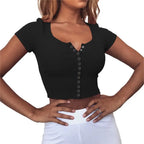 Women clothes Ladies Button Square Neck Tops Short Sleeve square collar pullover T-shirts nowadaysfashion