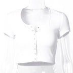 Women clothes Ladies Button Square Neck Tops Short Sleeve square collar pullover T-shirts nowadaysfashion