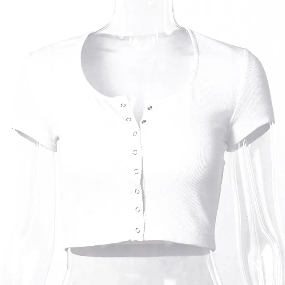 Women clothes Ladies Button Square Neck Tops Short Sleeve square collar pullover T-shirts nowadaysfashion
