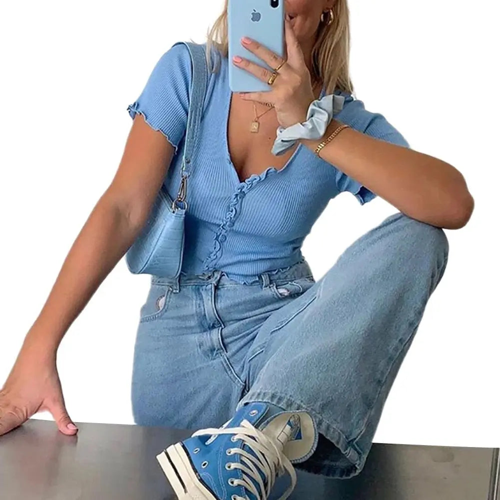 Women clothes Ladies Button Square Neck Tops Short Sleeve square collar pullover T-shirts - Blade & Thread