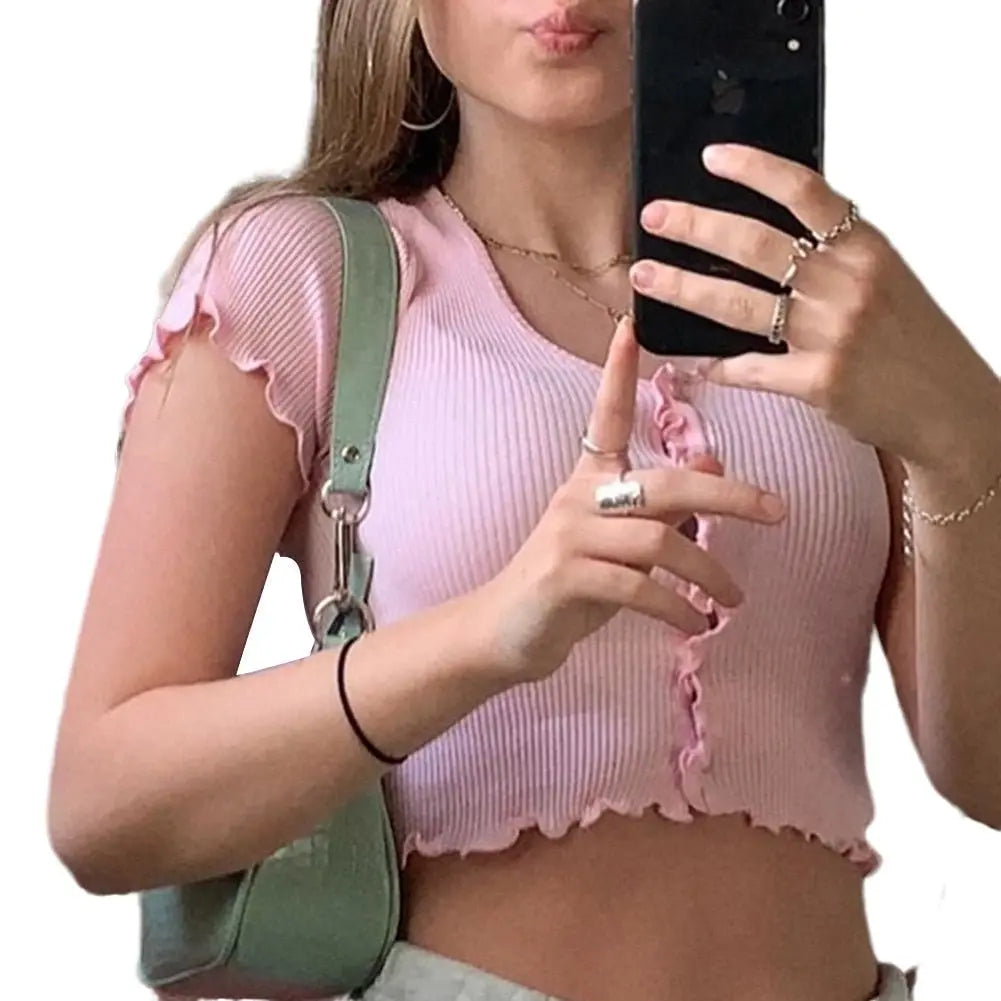 Women clothes Ladies Button Square Neck Tops Short Sleeve square collar pullover T-shirts - Blade & Thread