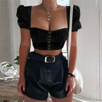 Women clothes Ladies Button Square Neck Tops Short Sleeve square collar pullover T-shirts nowadaysfashion