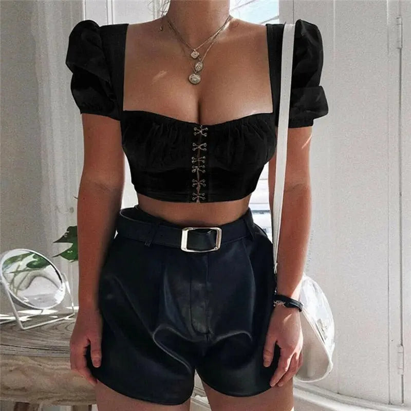 Women clothes Ladies Button Square Neck Tops Short Sleeve square collar pullover T-shirts - Blade & Thread