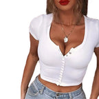 Women clothes Ladies Button Square Neck Tops Short Sleeve square collar pullover T-shirts nowadaysfashion
