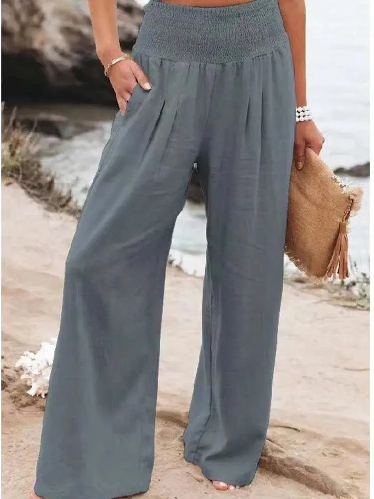 Women Cotton And Linen Pants Elastic High-Waist Thin Casual Pocket Trousers - Blade & Thread