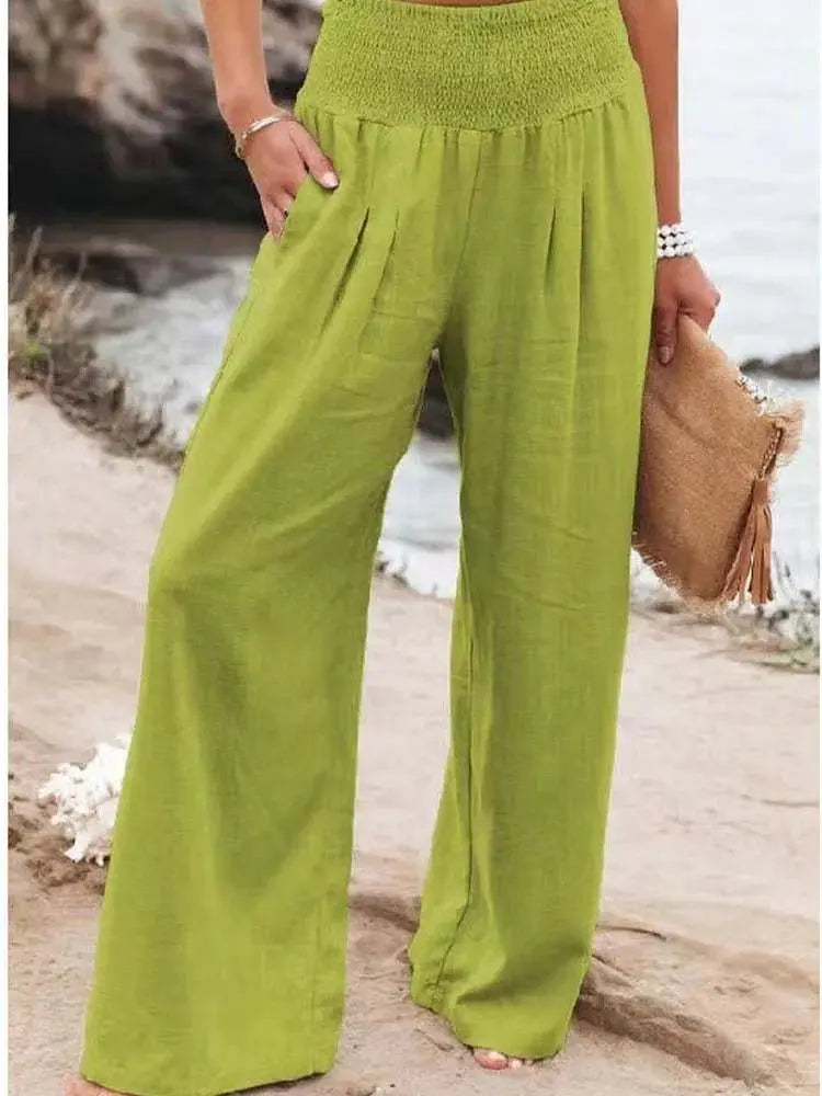 Women Cotton And Linen Pants Elastic High-Waist Thin Casual Pocket Trousers - Blade & Thread