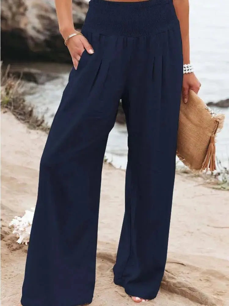 Women Cotton And Linen Pants Elastic High-Waist Thin Casual Pocket Trousers nowadaysfashion