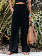 Women Cotton And Linen Pants Elastic High-Waist Thin Casual Pocket Trousers nowadaysfashion