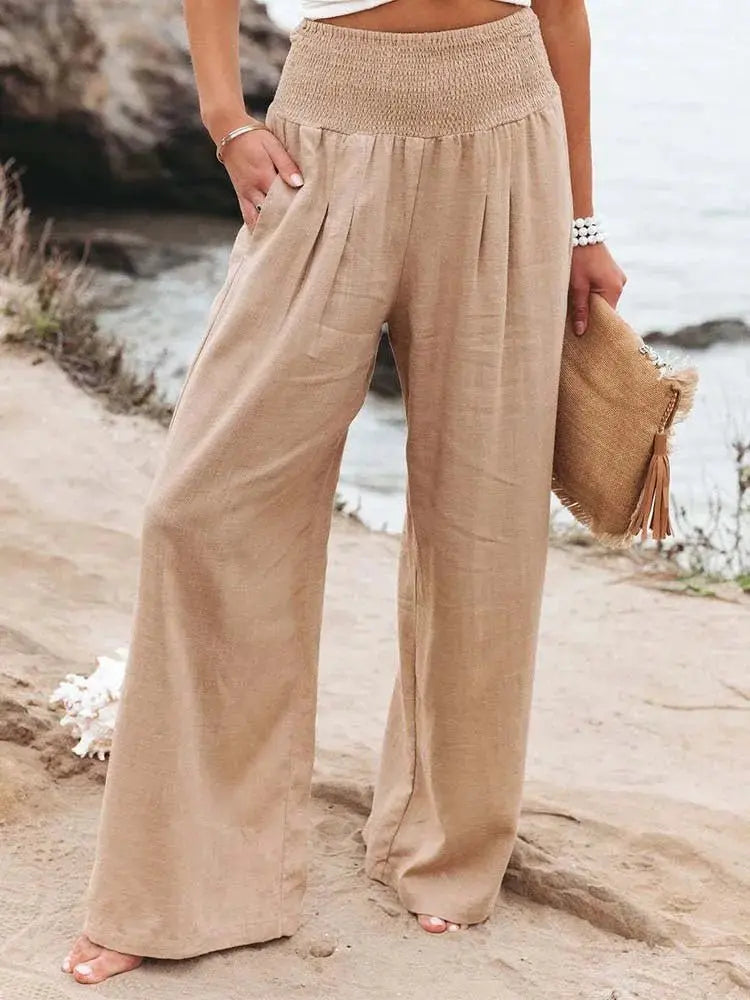 Women Cotton And Linen Pants Elastic High-Waist Thin Casual Pocket Trousers nowadaysfashion