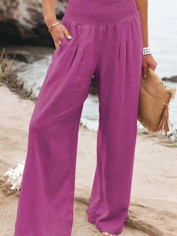 Women Cotton And Linen Pants Elastic High-Waist Thin Casual Pocket Trousers nowadaysfashion