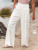 Women Cotton And Linen Pants Elastic High-Waist Thin Casual Pocket Trousers nowadaysfashion
