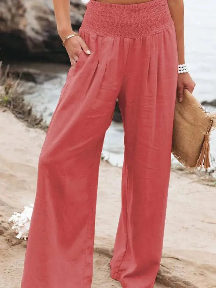 Women Cotton And Linen Pants Elastic High-Waist Thin Casual Pocket Trousers - Blade & Thread