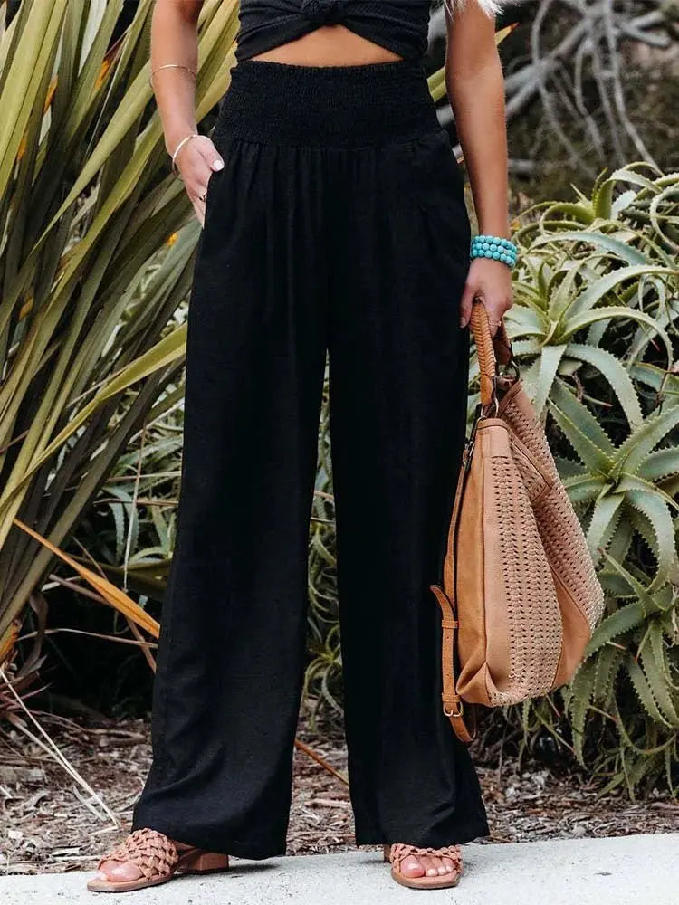 Women Cotton And Linen Pants Elastic High-Waist Thin Casual Pocket Trousers - Blade & Thread