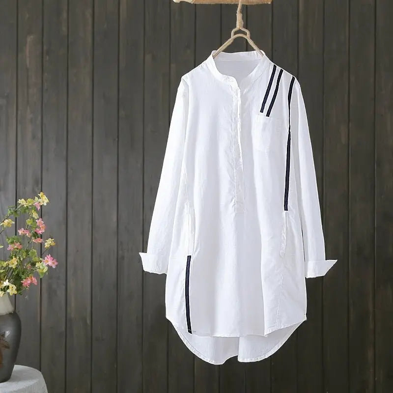 Women Cotton Blouse Long Sleeve Stripe Shirt Office Lady Casual Wear Over-sized Loose Top - Blade & Thread