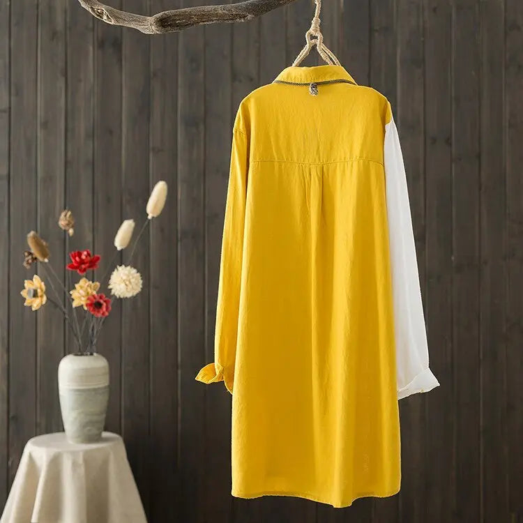Women Cotton Linen Embroidery Blouse Long Sleeve Patchwork Color Top - Blade & Thread