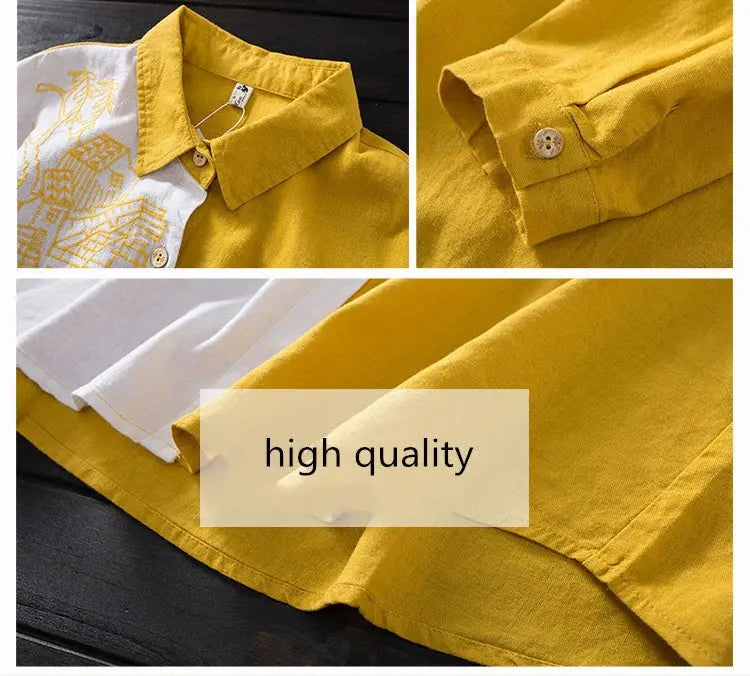 Women Cotton Linen Embroidery Blouse Long Sleeve Patchwork Color Top - Blade & Thread