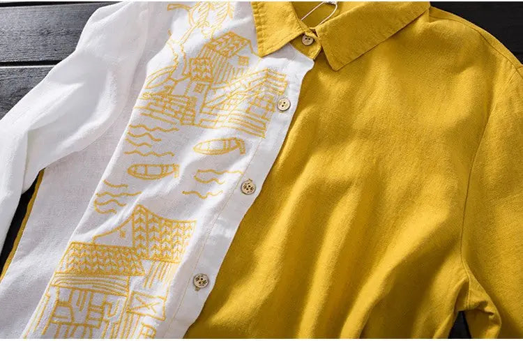 Women Cotton Linen Embroidery Blouse Long Sleeve Patchwork Color Top - Blade & Thread