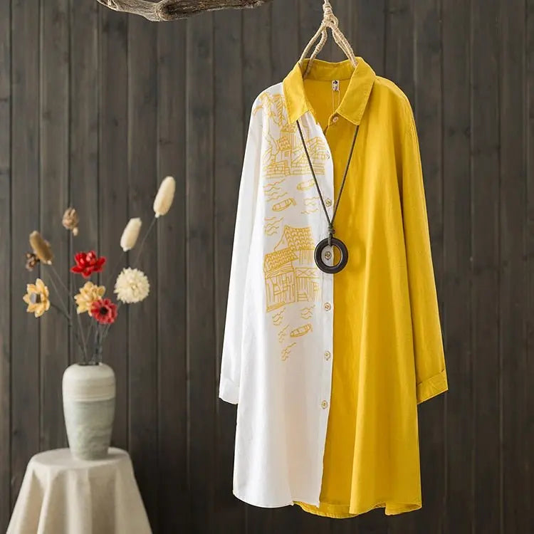Women Cotton Linen Embroidery Blouse Long Sleeve Patchwork Color Top - Blade & Thread