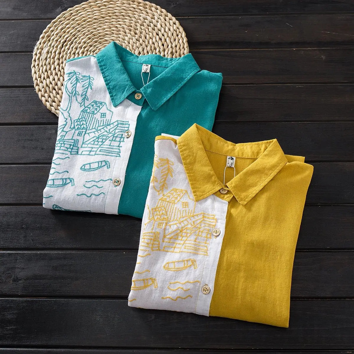 Women Cotton Linen Embroidery Blouse Long Sleeve Patchwork Color Top - Blade & Thread