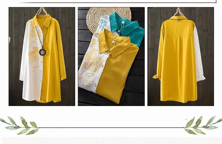Women Cotton Linen Embroidery Blouse Long Sleeve Patchwork Color Top - Blade & Thread