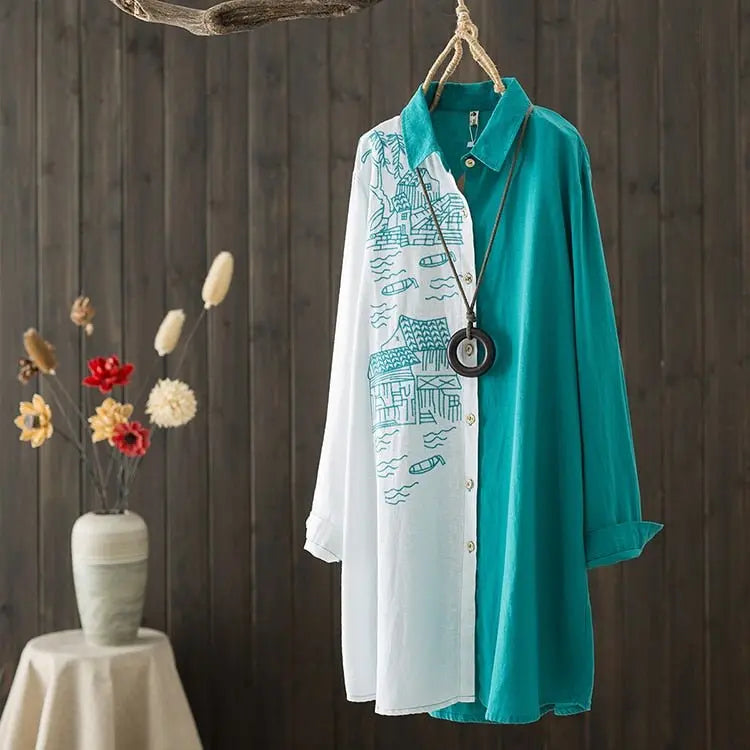 Women Cotton Linen Embroidery Blouse Long Sleeve Patchwork Color Top - Blade & Thread