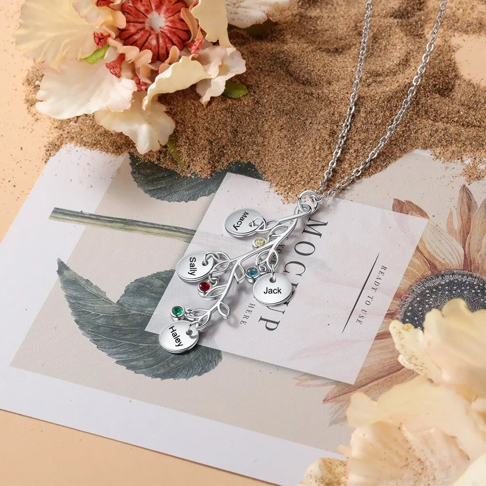 Women Customized Birthstone Family Tree Name Necklace - Blade & Thread
