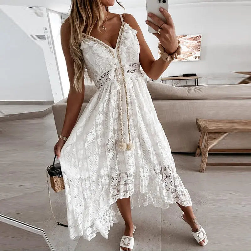 Women Dress Beach Style Elegant White Lace Spaghetti Srap Sundress Female Hollow Out Boho nowadaysfashion